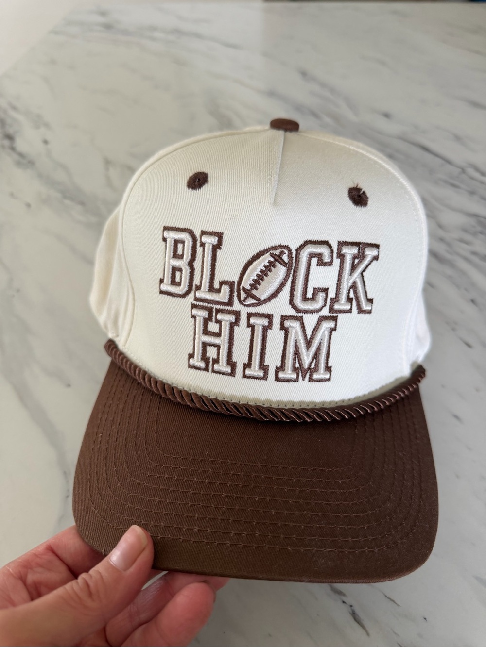 Women’s ‘Block Him' Embroidered Trucker Hat - Cream & Brown